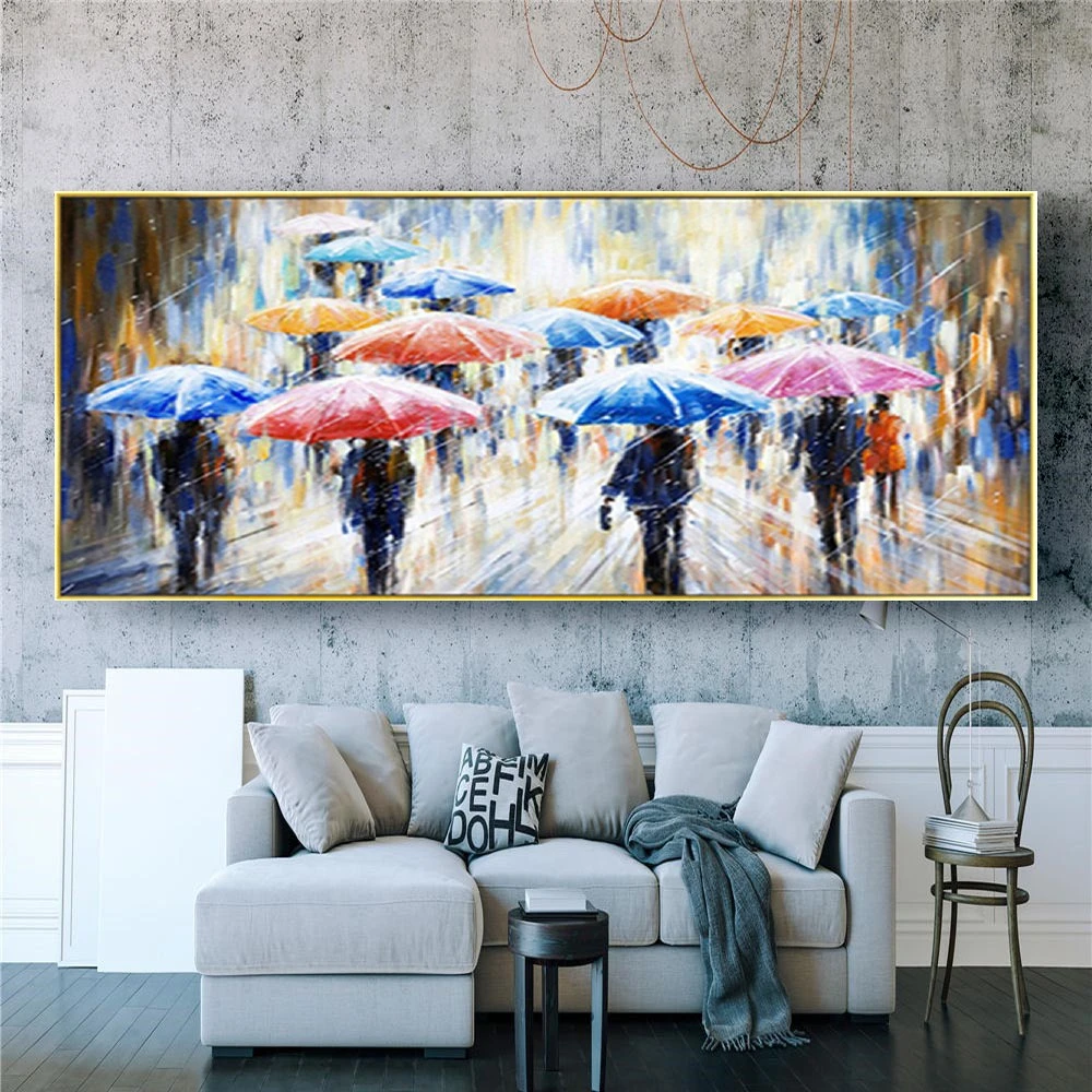 Rainbow Rainy Season Scenery Pedestrian With Umbrella 100% Handpainted Oil Painting On Canvas Large Home Life Picture Decor Wall