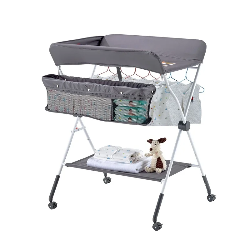 

Foldable Baby Changing Station with Side Basket and Wheels, Dark Gray