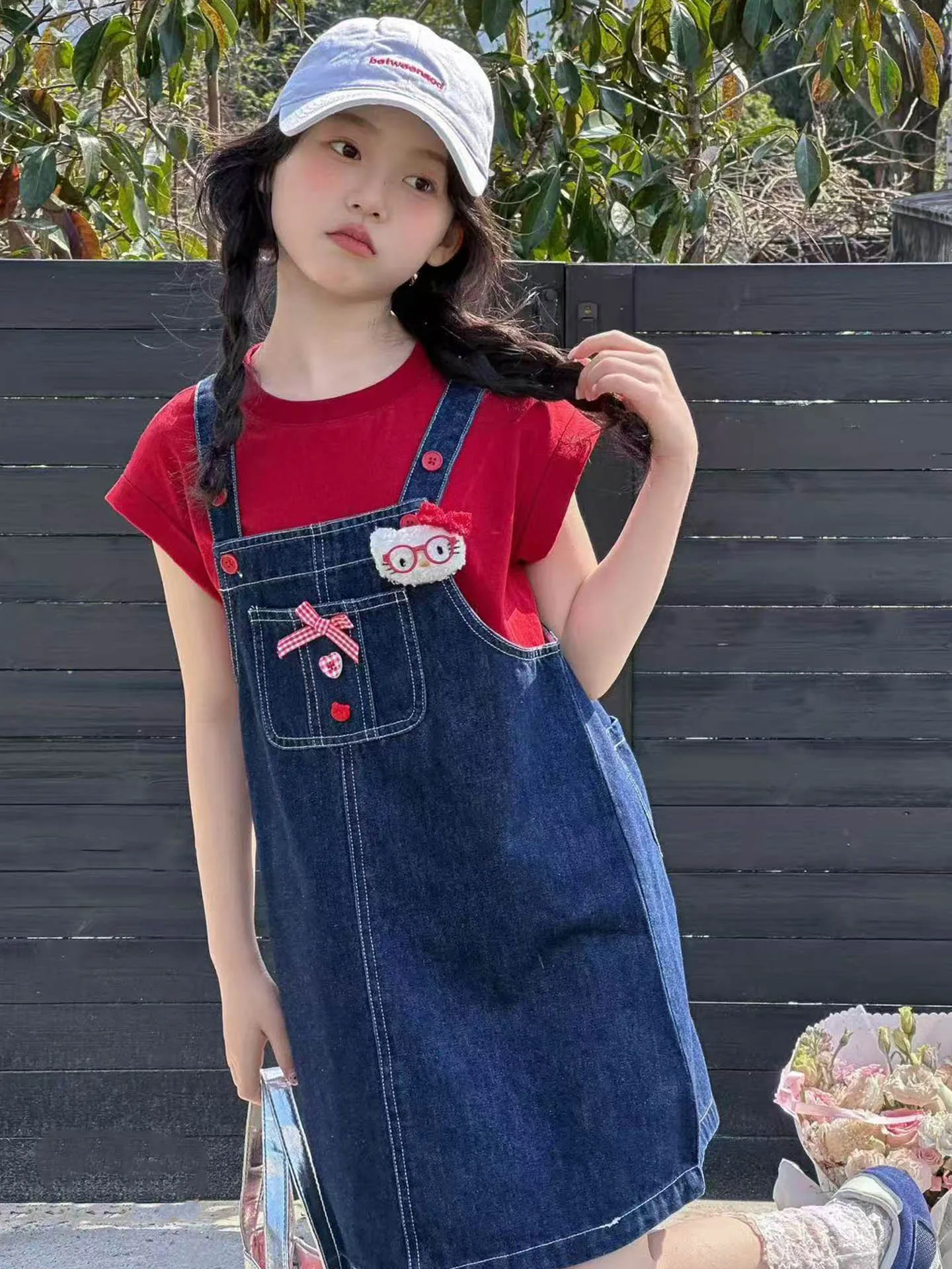 Vestido de Verão para Meninas, Conjunto de Macacão de Jeans Fino em Duas Peças, Manga Curta, Decote Redondo, Comprimento Médi...