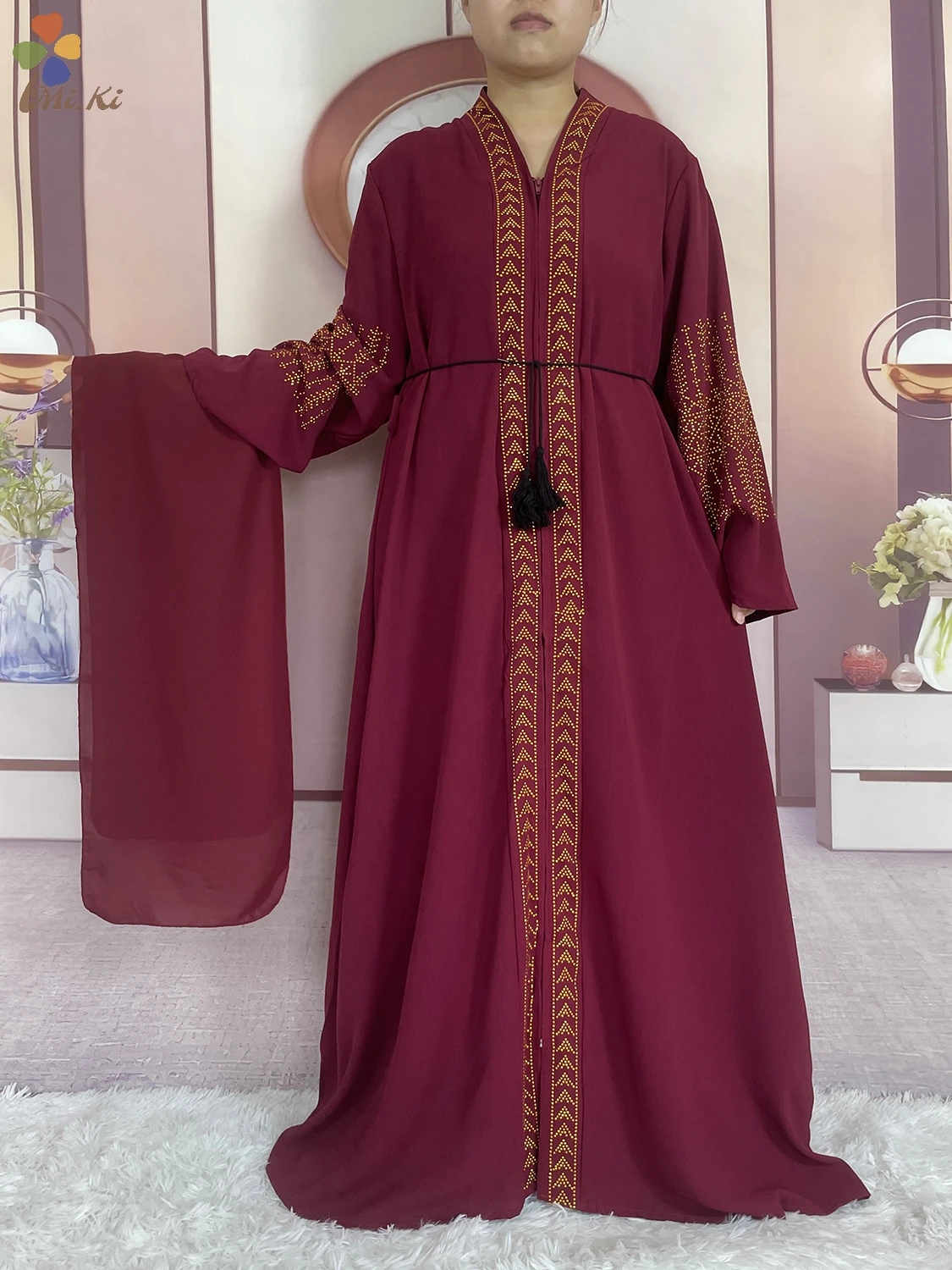 New Muslim Elegant Women Open Dress Long sleeved Diamond Chiffon Robe African Abaya Women Dress Dubai Maxi Party Clothing