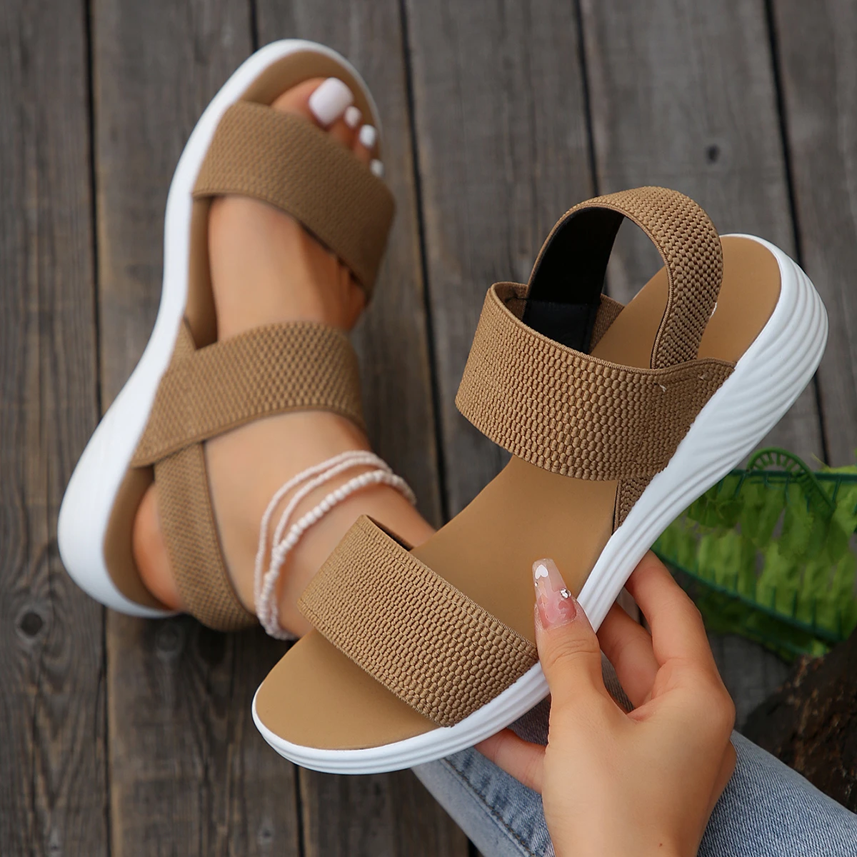 Women\'s Casual Sandals Fashion Elastic Band Buckle Trifle Bottom Women\'s Sandals Plus Size Summer Ladies Outdoor Beach Sandals