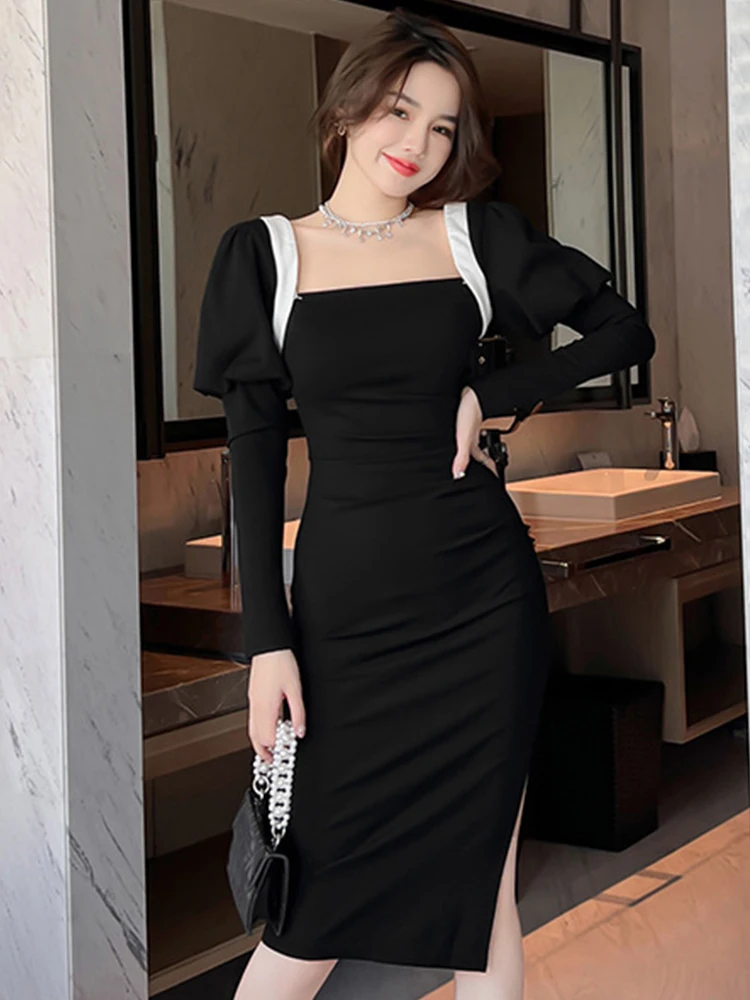 Elegant Cute Sweet Midi Dresses for Women 2023 Puff Sleeve Backless Bow Bodycon Slit Robe Banquet Party  Birthday Femme Clothes