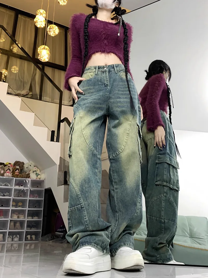 American Vintage Pocket Cargo Jeans Woman Street Design Washed Make Old Loose Straight Wide Pants Harajuku Trend Y2k Pants