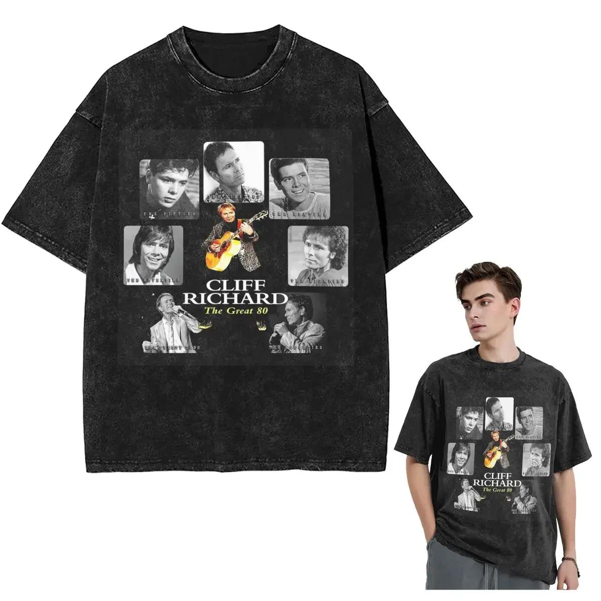 

Streetwear T-Shirts American Legend Singer Songwriter Actor Cliff Richard Washed T Shirt Short Sleeve Hip Hop T-Shirt Tops Tees