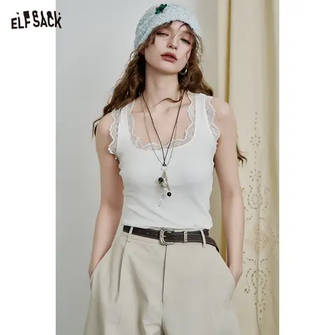 ELFSACK Elegant Lace Trim Ribbed Tank Top for Women, Fitted Sleeveless Cami, Casual White Summer Top for Layering & Daily Outfit