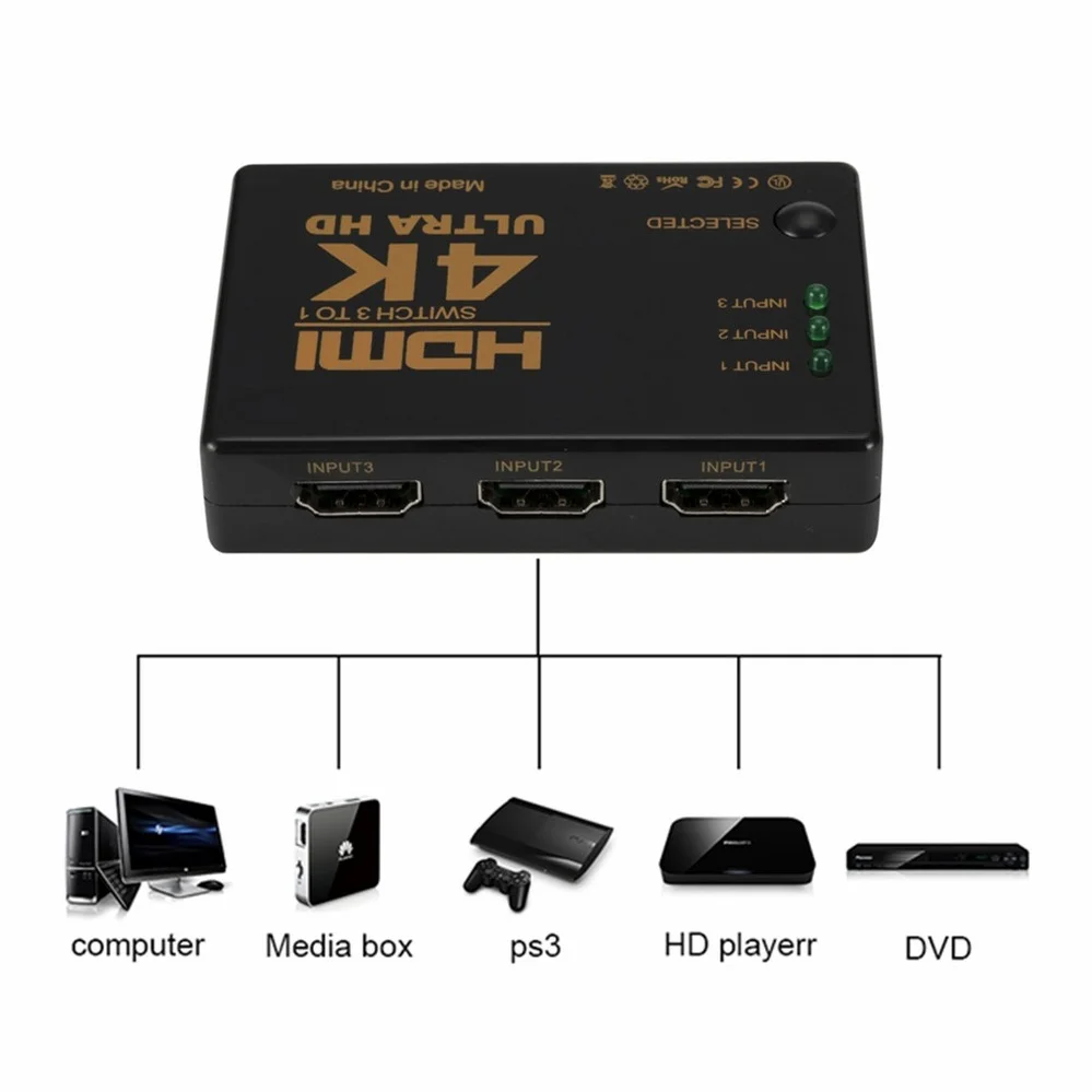 HDMI 호환 스위치 4K 스위처 3 인 1 out HD 1080P 비디오 케이블 분배기, PS4/3 TV 박스 HDTV pc용 1x3 허브 어댑터 변환기