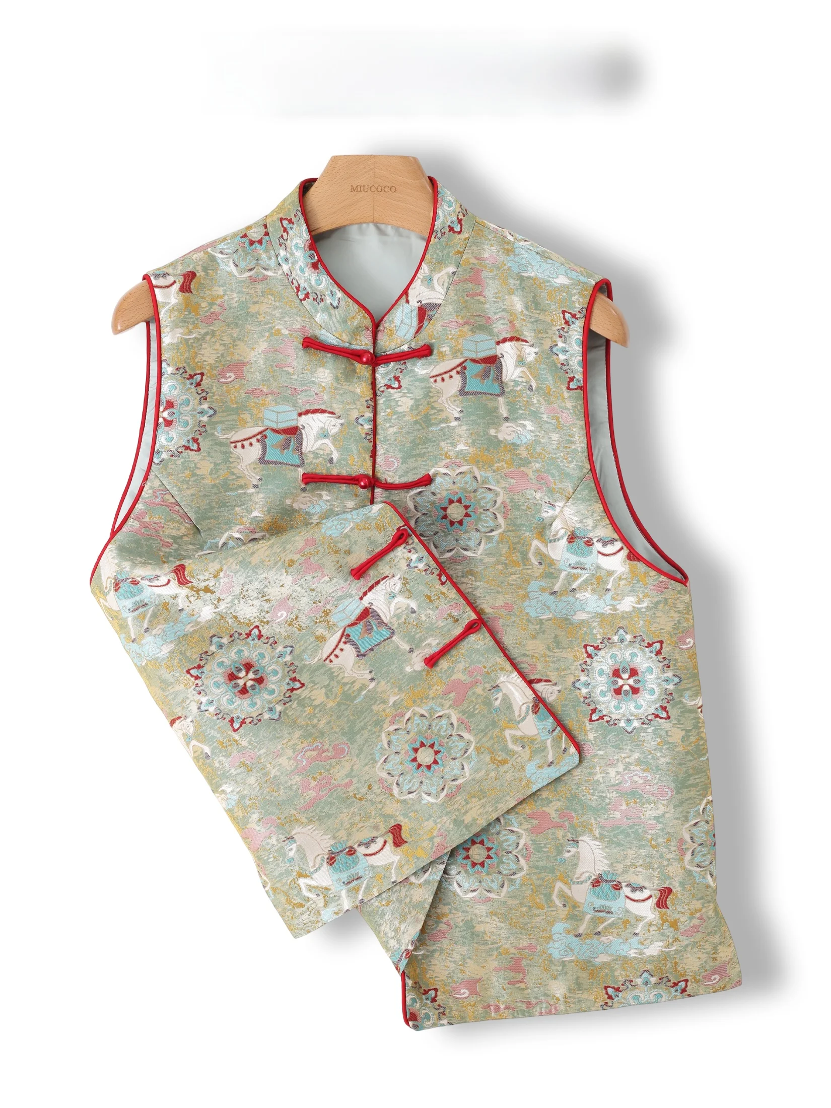 

Green Vest Women's Retro Luxury Embroidery National Style Top Trendy Outerwear Floral Print Stand Collar Regular Fit