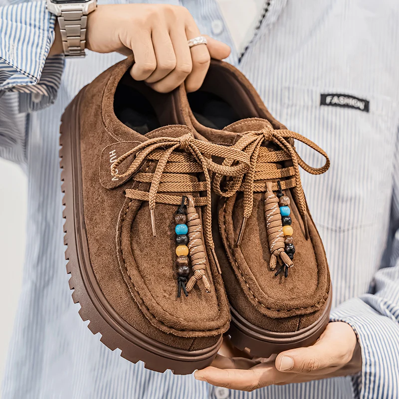 

2025 Retro Men's Casual Shoes Comfort Suede Platform Shoes Man Moccasins String Bead Lace-Up Birken Shoes for Men zapatos hombre