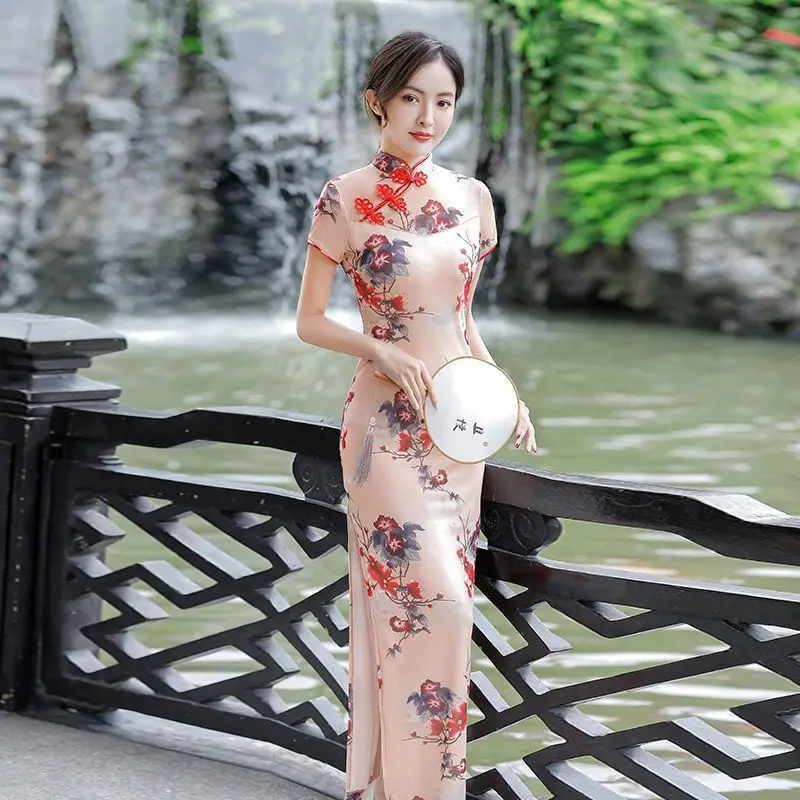 New Summer Plus Size Women Long Cheongsam Lined Vintage Evening Dress Slim Elegant Wedding Show Dresses Qipao M To 5XL