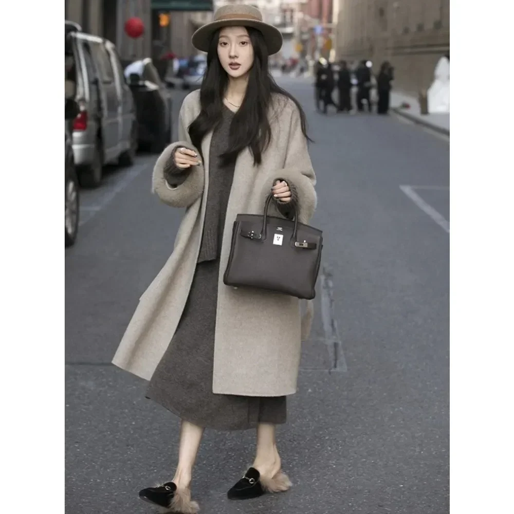 

Осень-зима 2022, новинка, длинный свободный пояс с воротником из натурального лисьего меха, модное женское шерстяное пальто с меховым рукавом, съемная шерстяная куртка женская