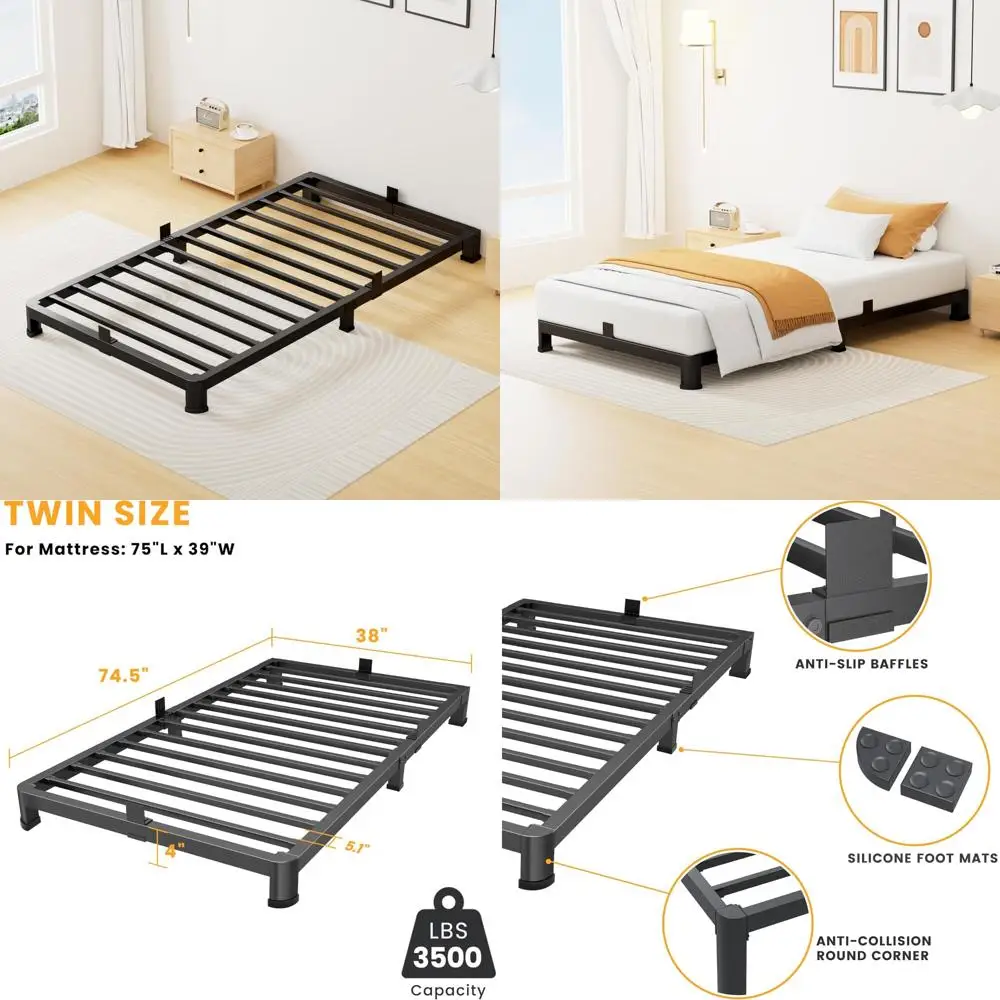 Cadre de lit double de 4 pouces à profil bas, cadre de lit à plate-forme en métal robuste avec pieds d'angle ronds, base de matelas robuste, sans Bo