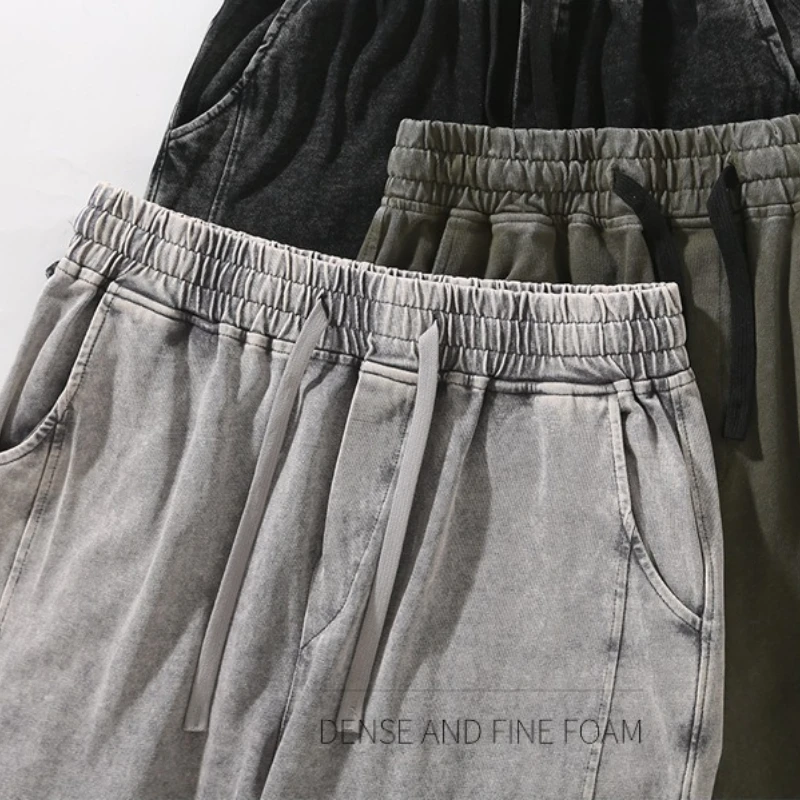 

300g Water-Washed Vintage Men's Sweatpants Long Pants - 100% Cotton Double Yarn, Casual American Retro Style