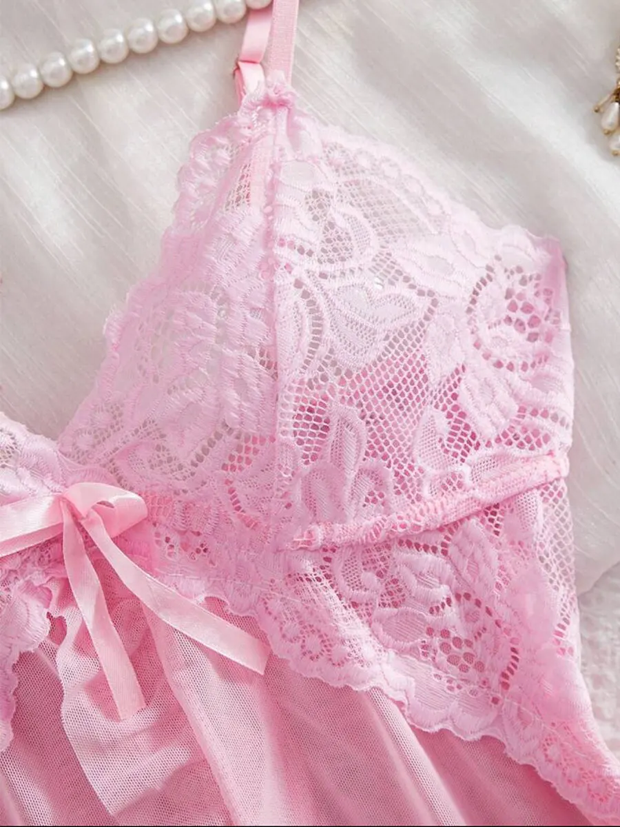 Pink set for Women Sexy Thong Lingerie Teddy nightgown Exquisite Hot Female Pajamas V-Neck with Panties 2 Piece Sets night Dress view 3