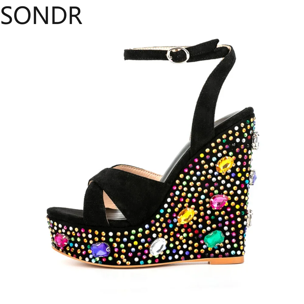 

Womens Peep Toe Rhinestones Stones Rainbow Colors Sandals Wedge High Heel Slingbacks Shoes Roman Sexy Genuine Leather