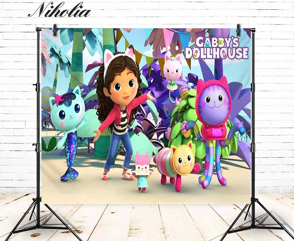 Niholia Gabby Dollhouse Birthday Backdrops Girls Room Background Cloth Custom Colorful Photographic Decor Banner