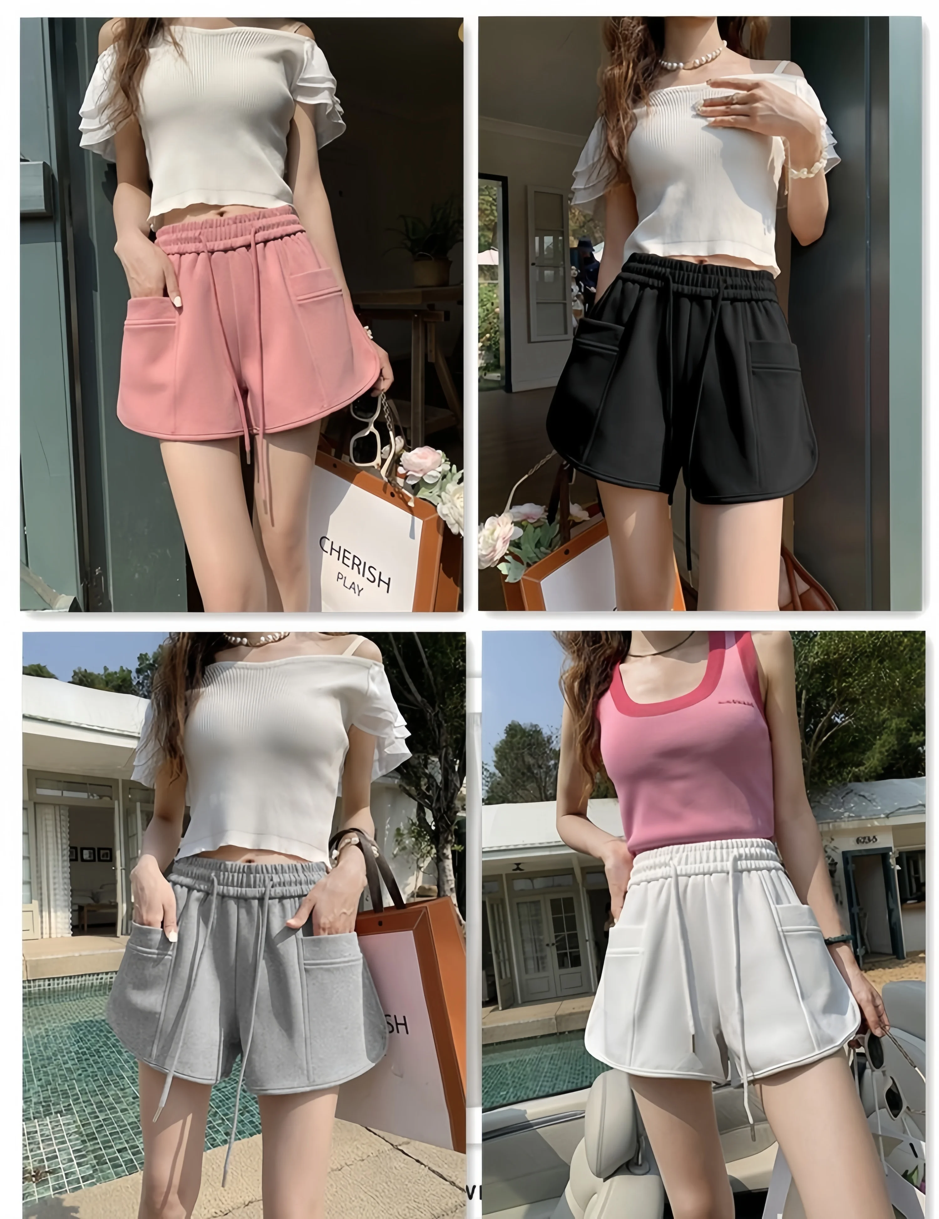Lässige Sportshorts für Damen, elastischer Bund, vielseitige Kordelzug, lockere Passform, figurbetonte A-Linien-Shorts mit weitem Bein. – Detail 13