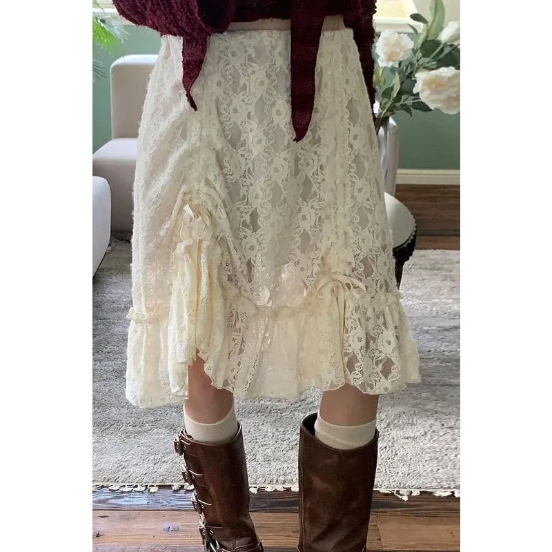 

2025 Design Sense Lace Skirt Niche High Waist Thin Pure Desire Sexy Hot Girl Midi Skirt Women