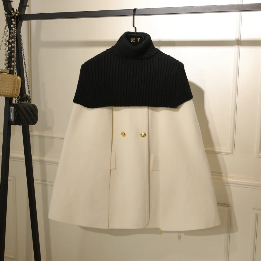 

Tweed Style Cloak Woolen Outwear Female Batswing Knitted Patchwork Elegant Lady Imitation Mink Velvet Cape Cloak