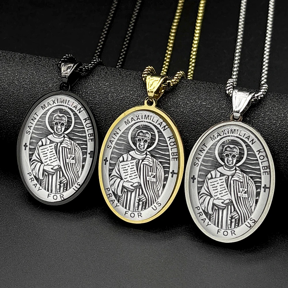 Медальон-кулон SAINT MAXIMILIAN KOLBE PRAY FOR US из нержавеющей стали со стеклянной вставкой, золотистого цвета, для женщин и мужчин, католическое украшение, подарок.