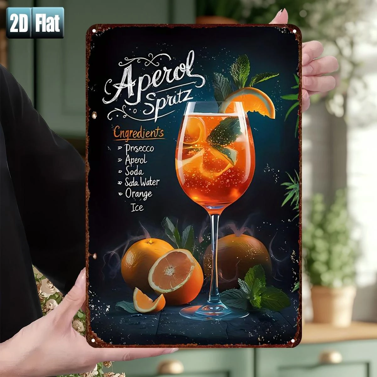 Letrero Metálico Plano 2D con Receta de un Aperol Spritz, un Cóctel Refrescante Hecho con Prosecco, Aperol, Soda, Club Soda