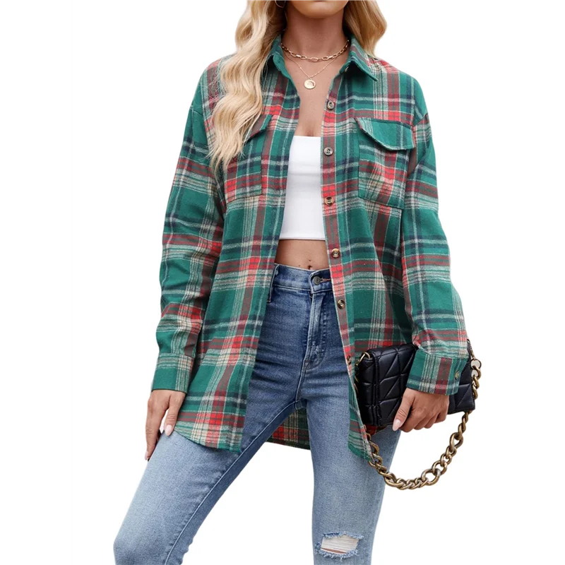 AOAO-Womens Classic Button Down Plaid Flannel Shirts Long Sleeve Oversized Casual Business Blouse Tops