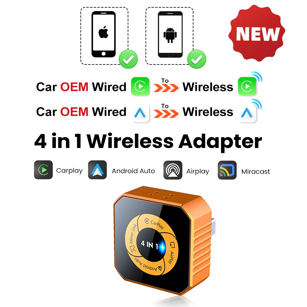 4-in-1 draadloze CarPlay Smart Box, bedraad naar draadloos Android Auto Plug & Play adapter, AirPlay Miracast Mirror Link Smart Dongle