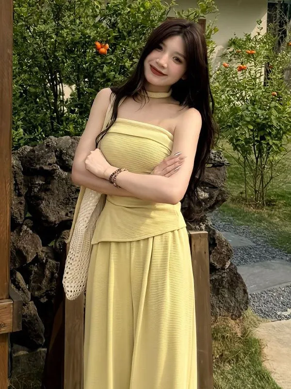 

Summer Slimming Casual Pure Desire Style Tube Top Vest High Waist Drapey Wide Leg Pants Two Piece Set for Women