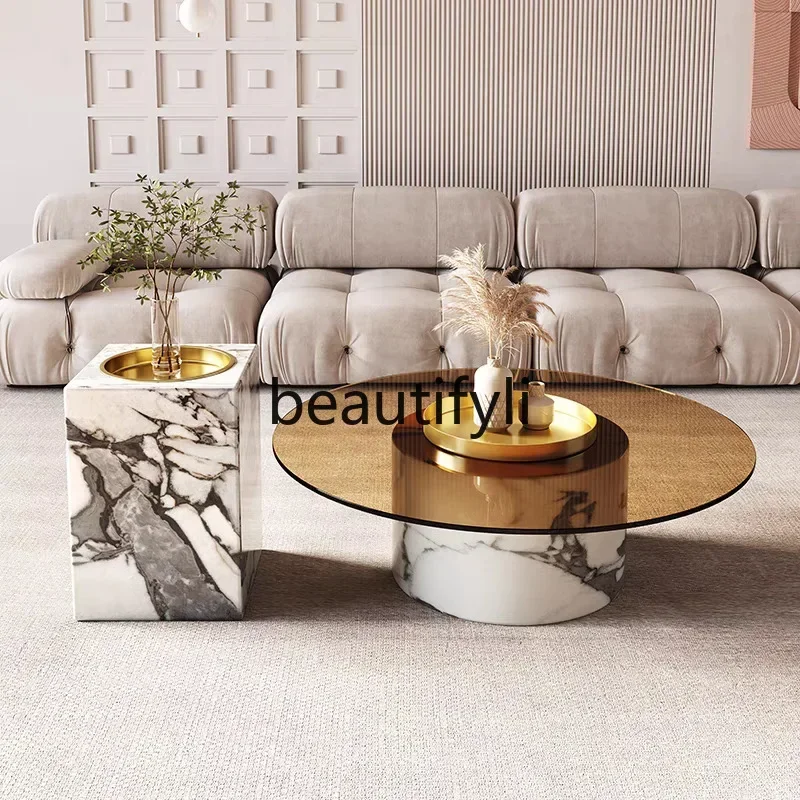 178CC Light Luxury Marble Glass Coffee Table Living Room Round Designer Style Round Coffee Table Combination