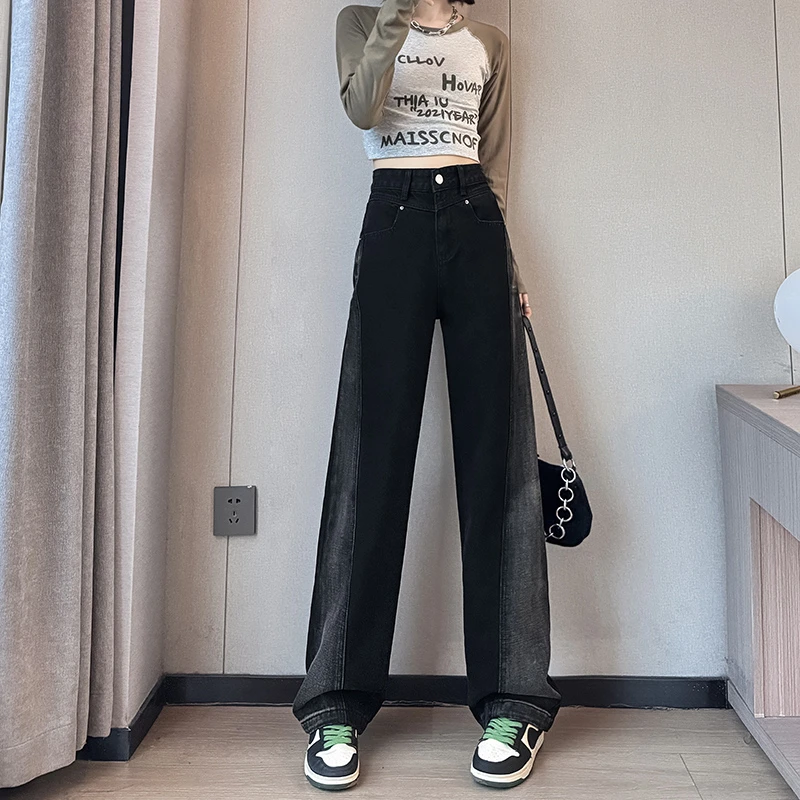 Black-and-gray wide-legged jeans women high waist black-and-white color design feeling loose straight tube floor pants