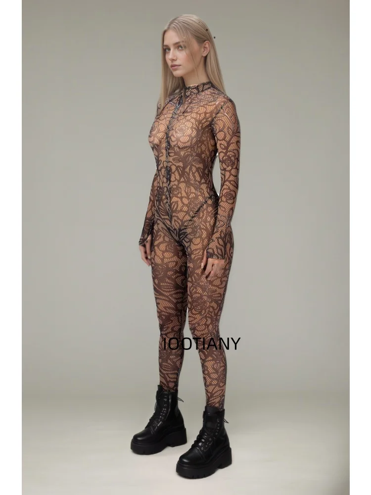 Gotischer, mehrfarbiger, eng anliegender Bodysuit mit goldenen Musterlinien, Galaxy-Blumenmuster, Cosplay-Catsuit, Halloween-Rollenspiel, Bühnen-Rave-Outfit, Jumpsuit 2026 – Detail 14