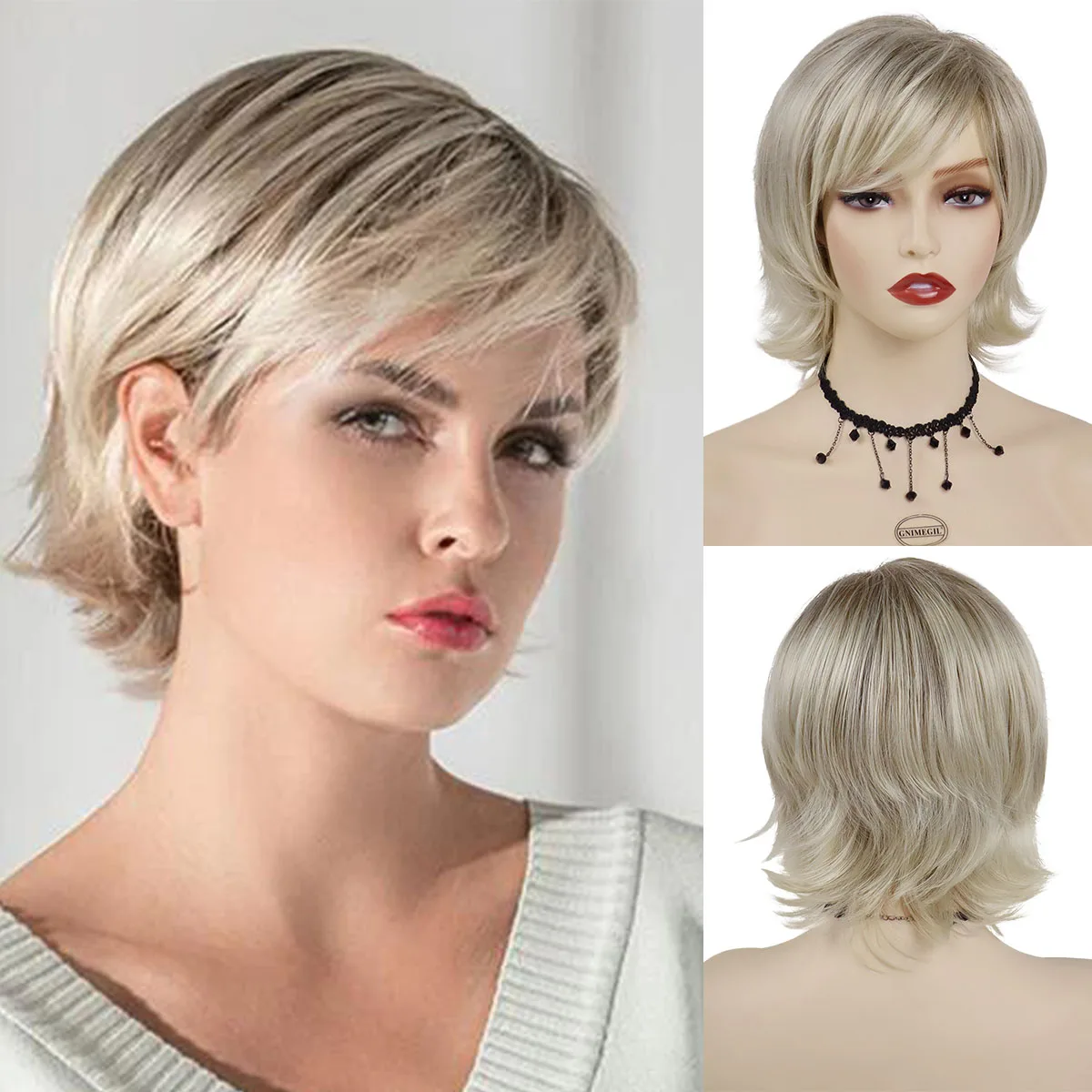 

Blonde Curly Wigs for Women Synthetic Hair Heat Resistant Fiber Natural Wig with Bangs Short Bob Curly Wigs for Mother Daily
