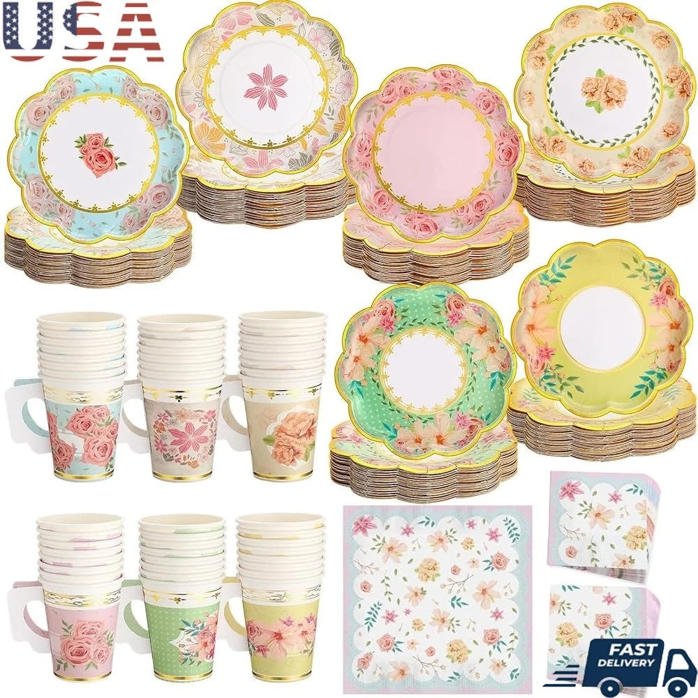

108 Pcs Floral Party Tableware Set with Disposable Plates Cups Napkins Ideal Events Tea Parties Mother’s Day