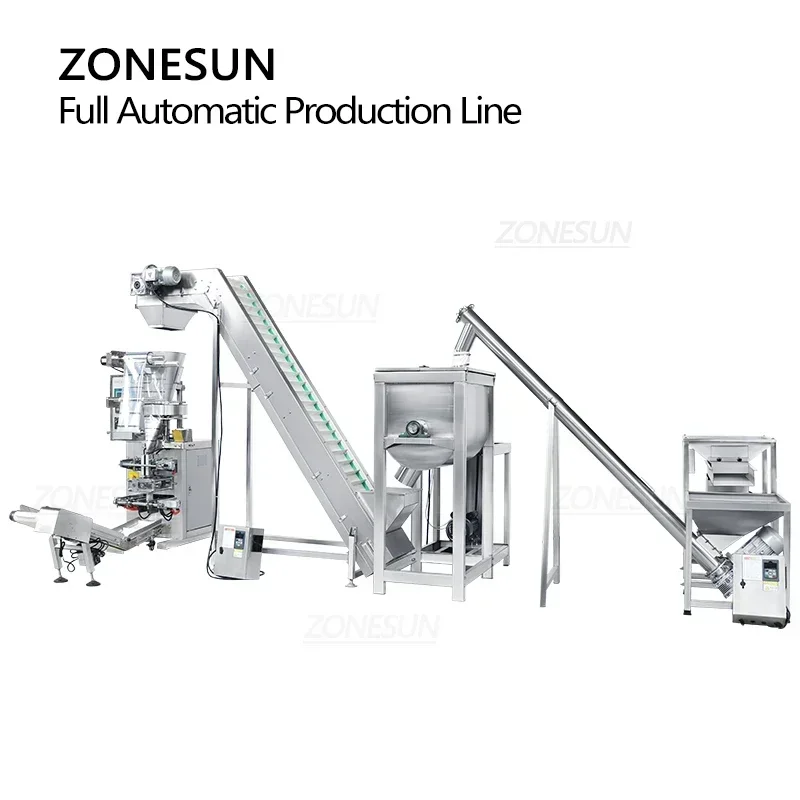 ZONESUN Automatic Powder Packaging Machine Production Line with Ribbon Blender Screw Elevator Z Conveyor VFFS Bag Pouch Filler