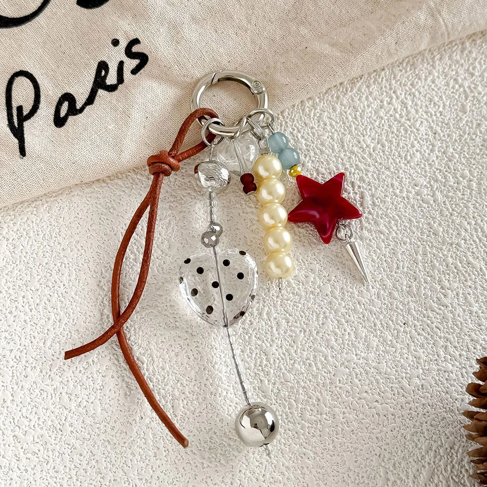 Retro Dots Heart Shape Pendant Keychain Creativity Five Pointed Star Backpack Hanging Piece Car Key Chain Trend Accessories A507
