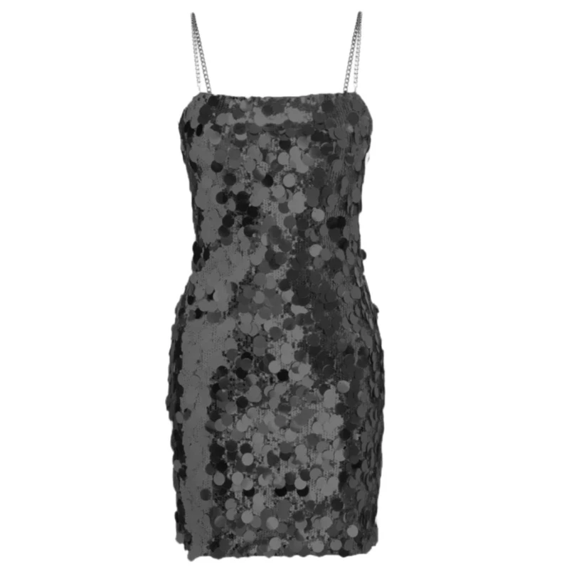 

Womens Sexy Sleeveless Metal Chain Straps Cami Dress Glittering Sequins Nightclub Party Bodycon Mini Dresses 066C