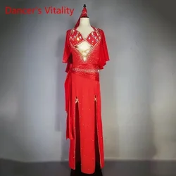 Korea Design 5pcs Women Belly Dance Costume Performance Dress Bra Robe Hair Band Waist Scarf Underwear Handmade Bling Bling