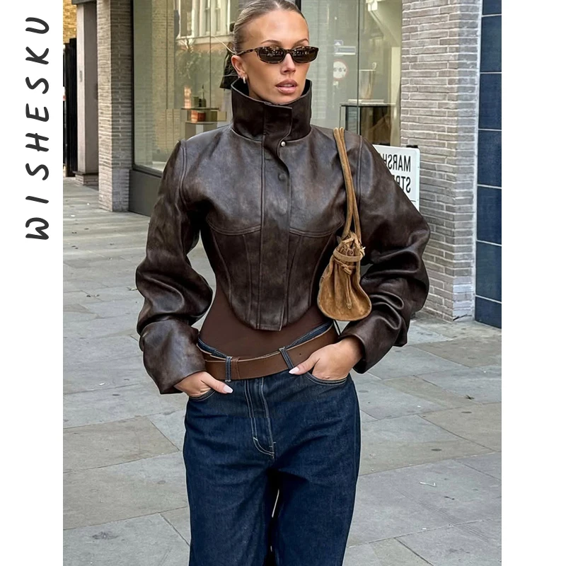 

Vintage Women's Pu Leather Jacket Stand Collar Full Sleeve Slim Short Jackets Lady 2025 Autumn Winter Chic Female Street Coat