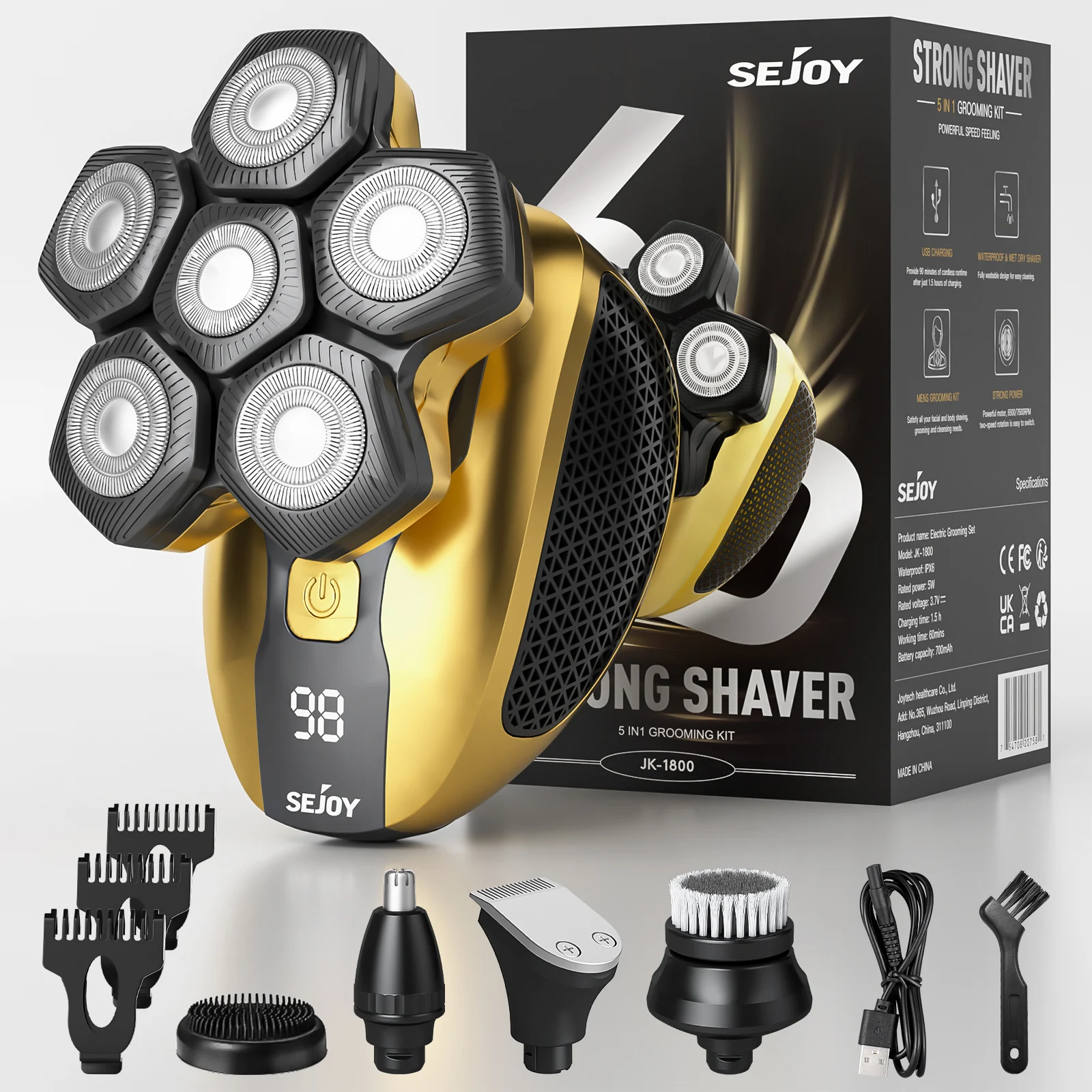 Sejoy 5 In 1 Men's Rechargeable Bald Head Hair Trimmer Electric Shaver 6 Floating Heads Beard Nose Ear Hair Razor Clipper