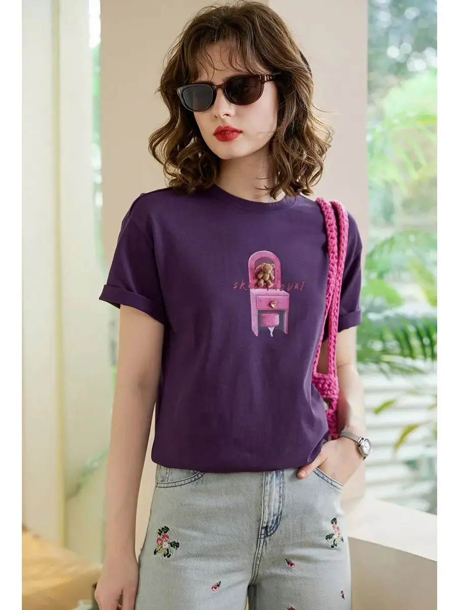 LOUIS YAO T-shirt for Women Print Beading 3D Bear 100% Cotton Tee 2024 Summer Loose Casual Pullover Top