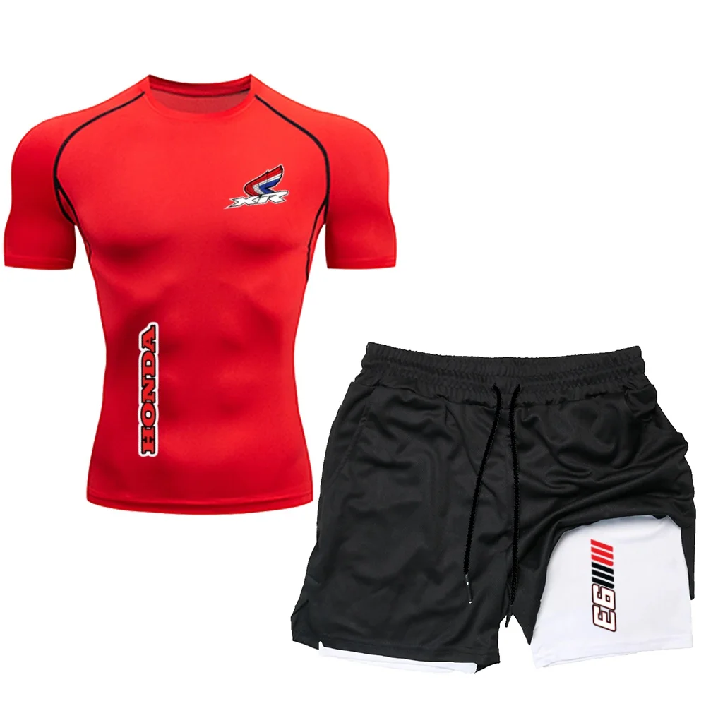 

Summer Quick Drying Exercise Suit Men's And Women's Tight Short Sleeved T-Shirt+Shorts Gym Running Training Compression Suit