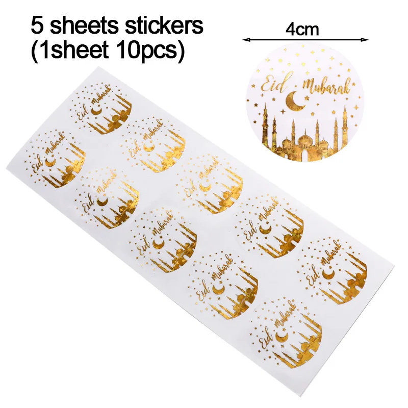 50pcs Gold Star Moon EID Mubarak Sealing Stickers Ramadan Mubarak Gift Lable Sticker Muslim Islamic Party Decor Packing Stickers