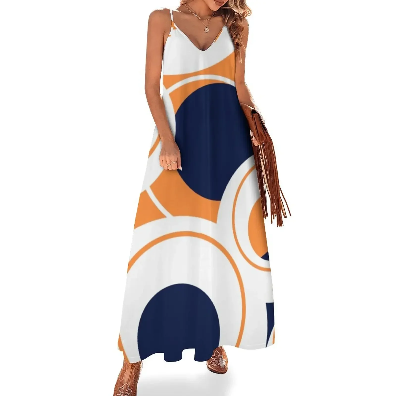 

Navy, orange and white abstract circle design Sleeveless Dress Long veiled dresses festival outfit women dresses summer Dress