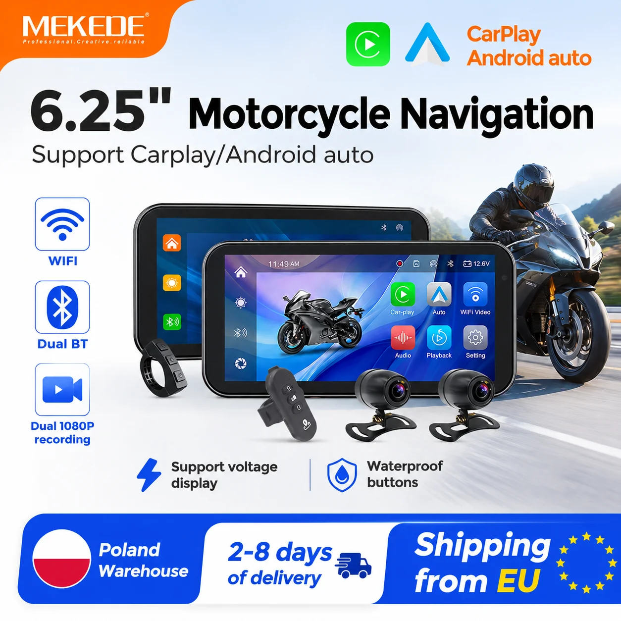 MEKEDE Entrepôt UE Pologne Écran de navigation GPS pour moto 6,25'' 1560*720 avec CarPlay sans fil, Android Auto, étanche IP67, double canal BT, multiples thèmes d'interface utilisateur double enregistrement 1080P