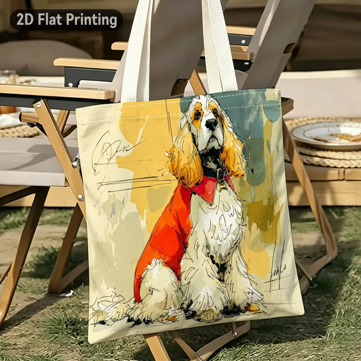 2D Flat 1pc Watercolor Style Cute Cocker Spaniel Durable Tote Bag, Dog, Duplex Prints Adorable Pet Portrait Art, Ideal for Groce