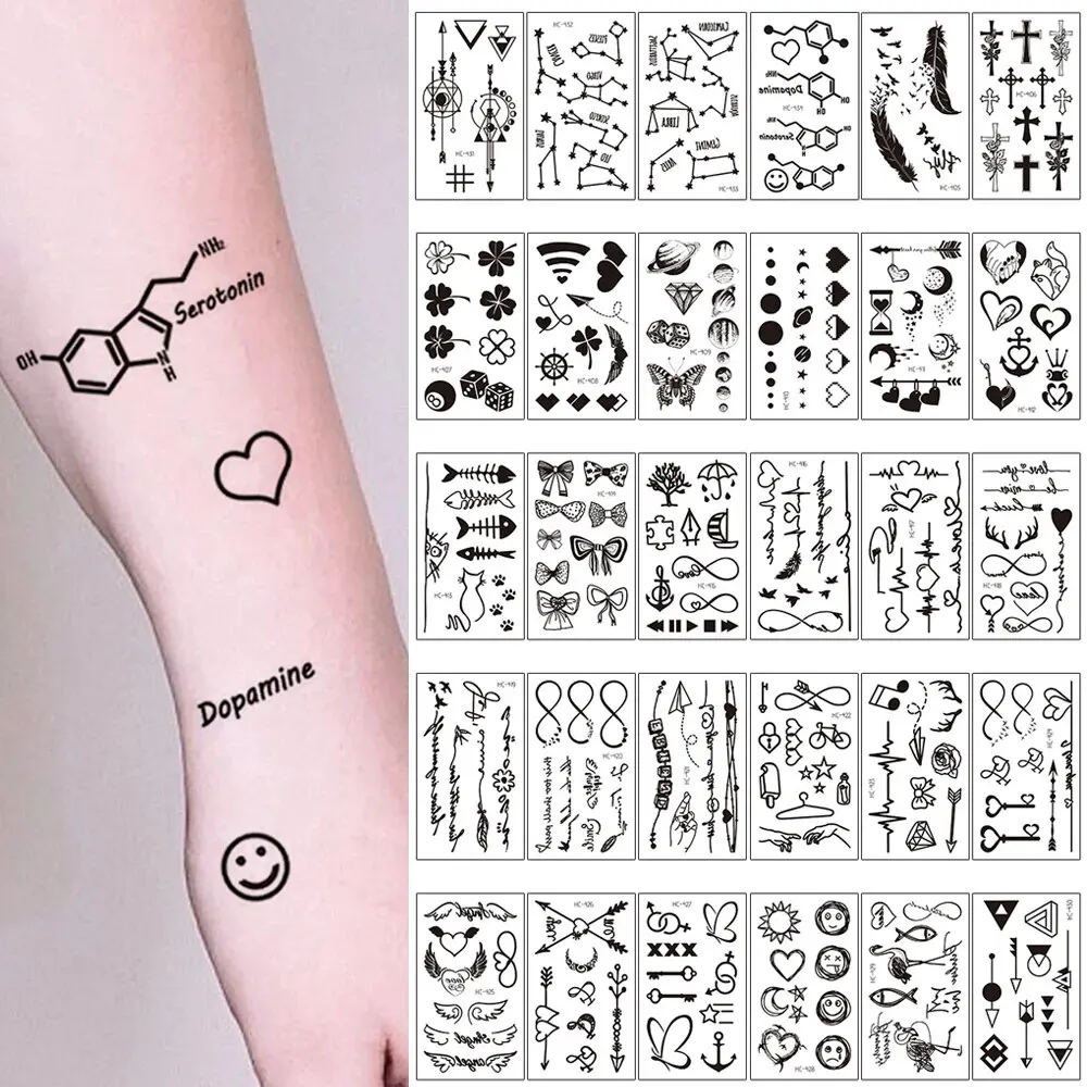 30pcs Waterproof Temporary Tattoo Sticker Black Small Pattern Feather Heart Bird Expression Body Art Arm Fake Tattoos Women Men