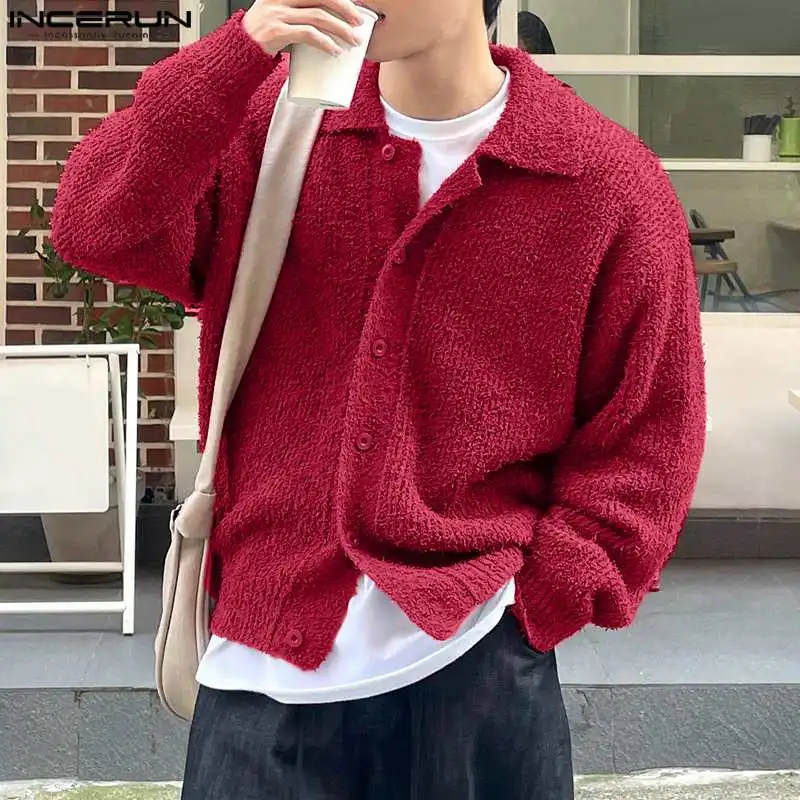 2024 Men\'s Cardigan Solid Knitted Lapel Long Sleeve Button Male Sweaters Streetwear Fashion Casual Men Clothing S-5XL INCERUN