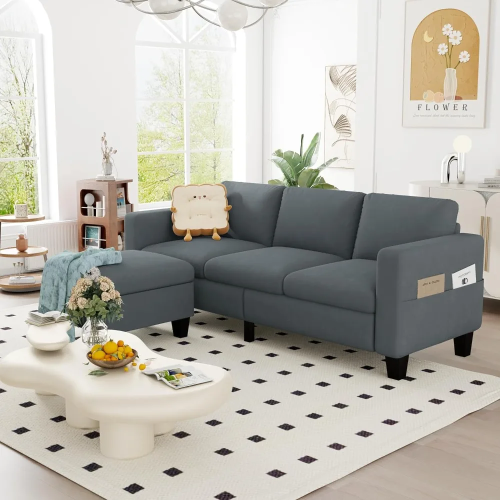 Convertible Sectional Sofa Couch,Classic 3 Seat L-Shaped Sofa with Movable Ottoman, Modern Dark Grey Velvet Fabric Upholstered