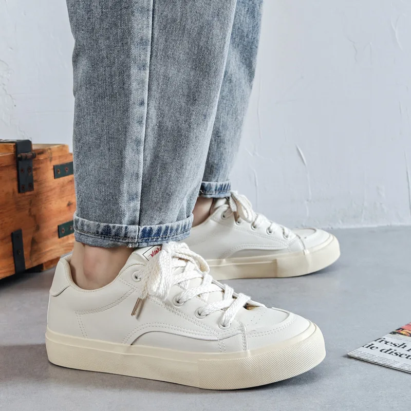 Heren Boardschoenen Pu Lederen Dikke Zool Veterschoenen Rond Schoenen Antislip Vintage Fashion Casual Veelzijdig 2024 Nieuw