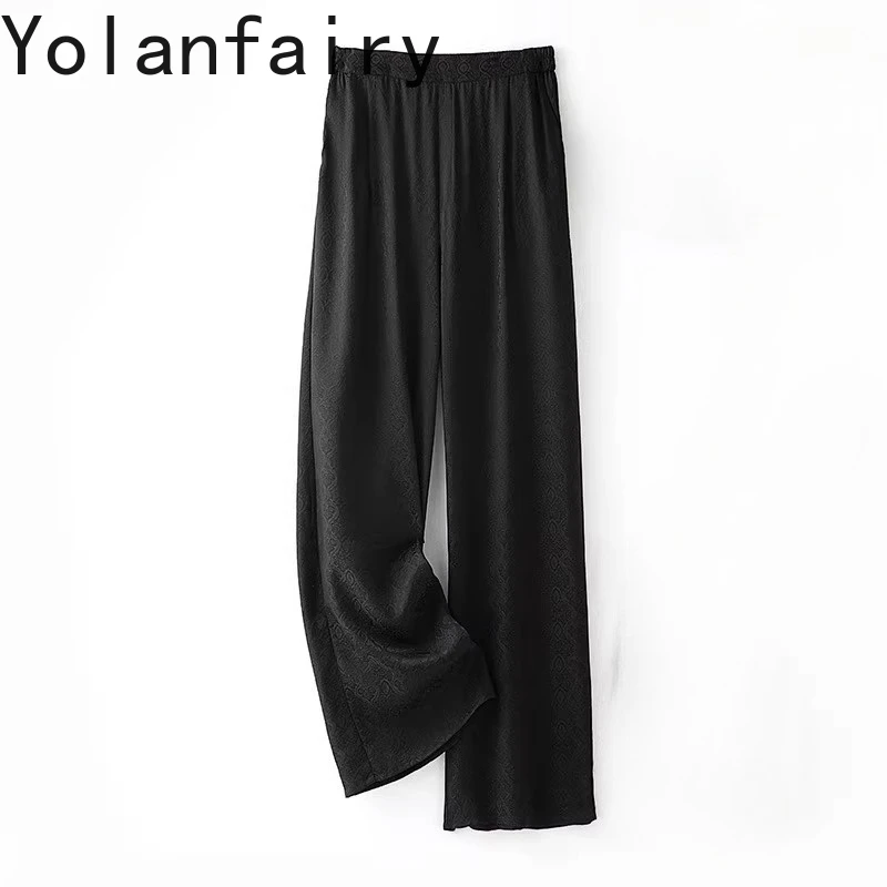 

YOLANFAIRY New 100% Natural Mulberry Silk Pants Woman Clothing Summer 2026 Fashion Casual Straight Pants Women Black Trousers