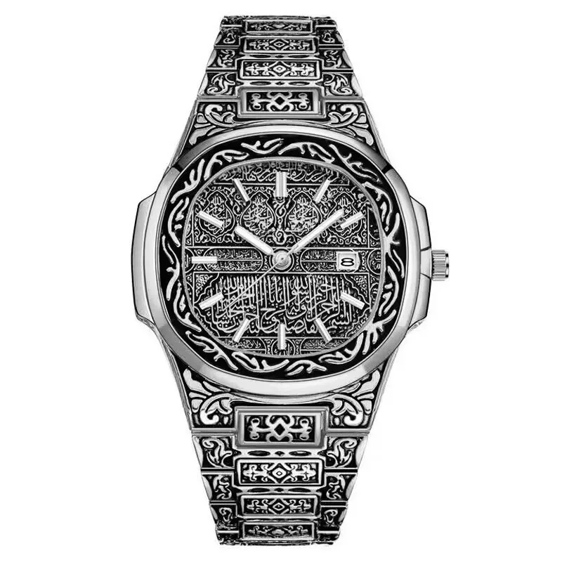 패션 럭셔리 브랜드 빈티지 남자 쿼츠 시계 꽃 패턴 조각 손목 시계 빈티지 쿼츠 시계